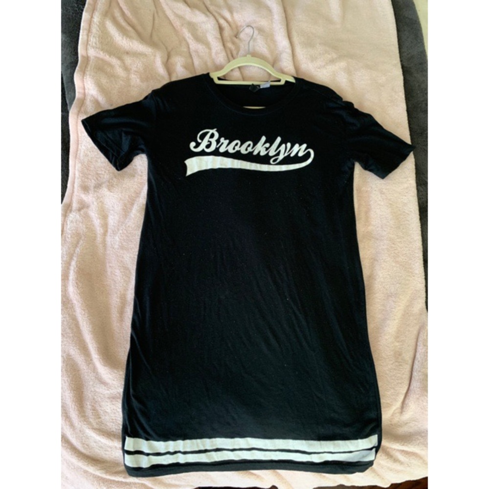 T shirt dress with “Brooklyn” on the front.